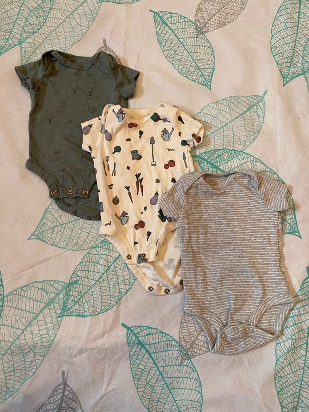 3-Pack Baby One-Piece Bodysuits in Olive, Cream Print, and Gray Stripe Organic